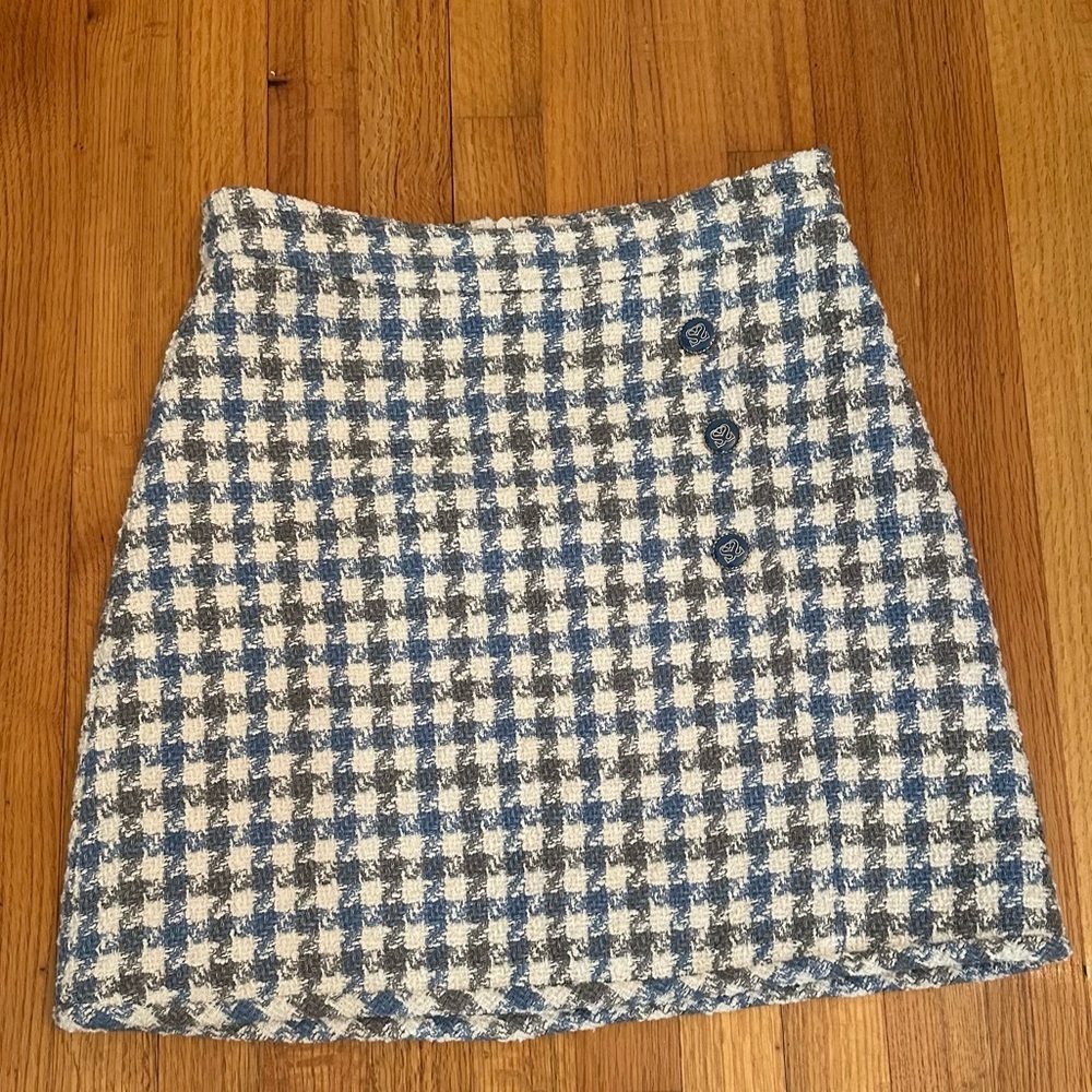 Sandro Womens Blue Calia Tweed Houndstooth Button Check Mini Skirt Size FR 4. @ - Picture 2 of 16